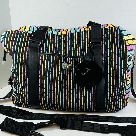 Luv Betsy Johnson Weekender Tote Duffel Travel Bag Pastel Vertical Stripes Large - Picture 1 of 13